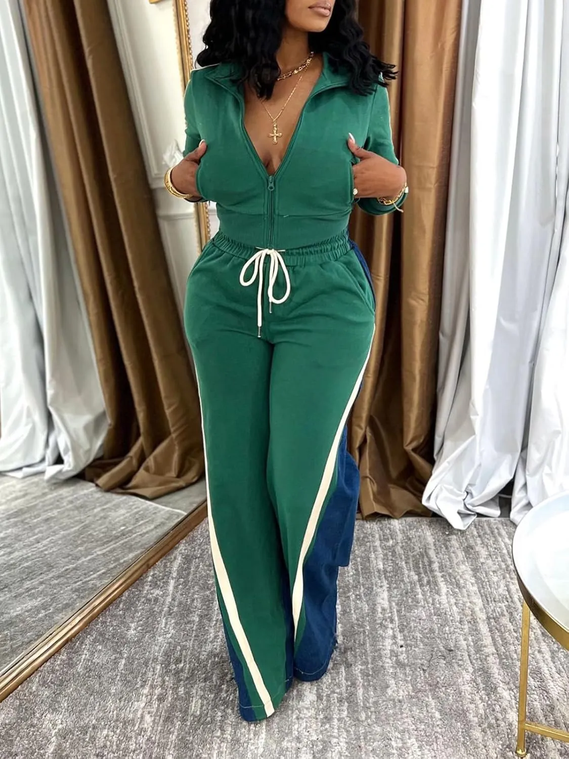KANSOON 2 Piece Sets for Women Fall Tracksuit Outfits Long Sleeve Striped Zip Up Jacket Denim Patchwork Pants Lounge Set