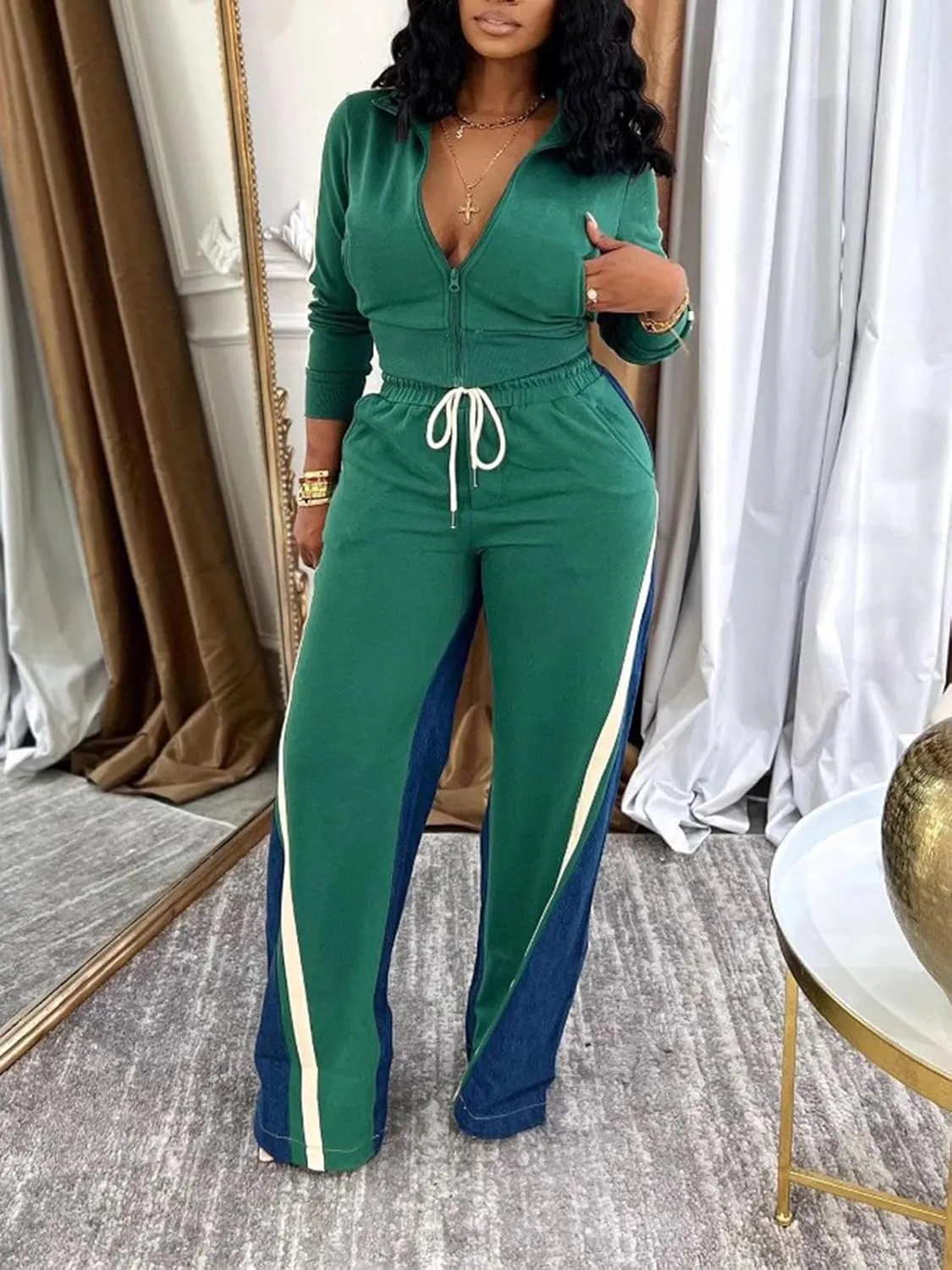 KANSOON 2 Piece Sets for Women Fall Tracksuit Outfits Long Sleeve Striped Zip Up Jacket Denim Patchwork Pants Lounge Set