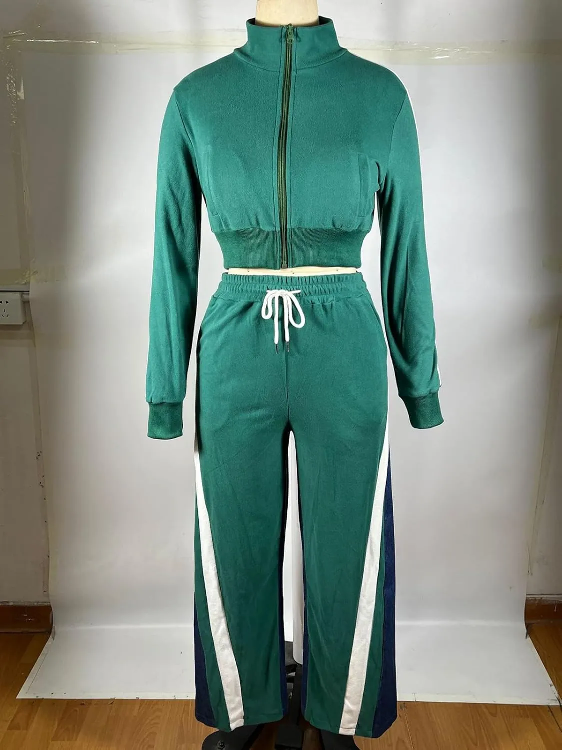 KANSOON 2 Piece Sets for Women Fall Tracksuit Outfits Long Sleeve Striped Zip Up Jacket Denim Patchwork Pants Lounge Set