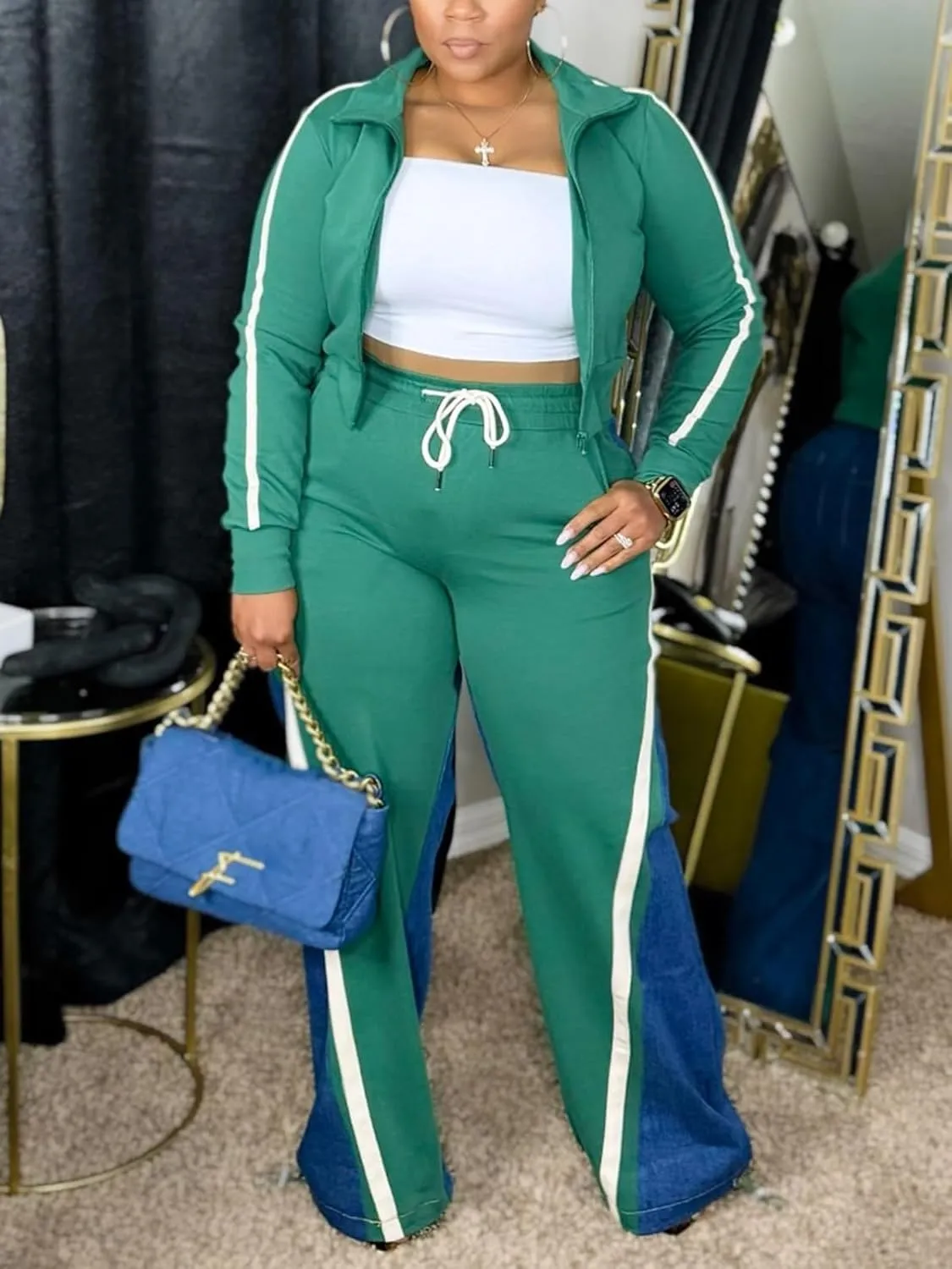 KANSOON 2 Piece Sets for Women Fall Tracksuit Outfits Long Sleeve Striped Zip Up Jacket Denim Patchwork Pants Lounge Set