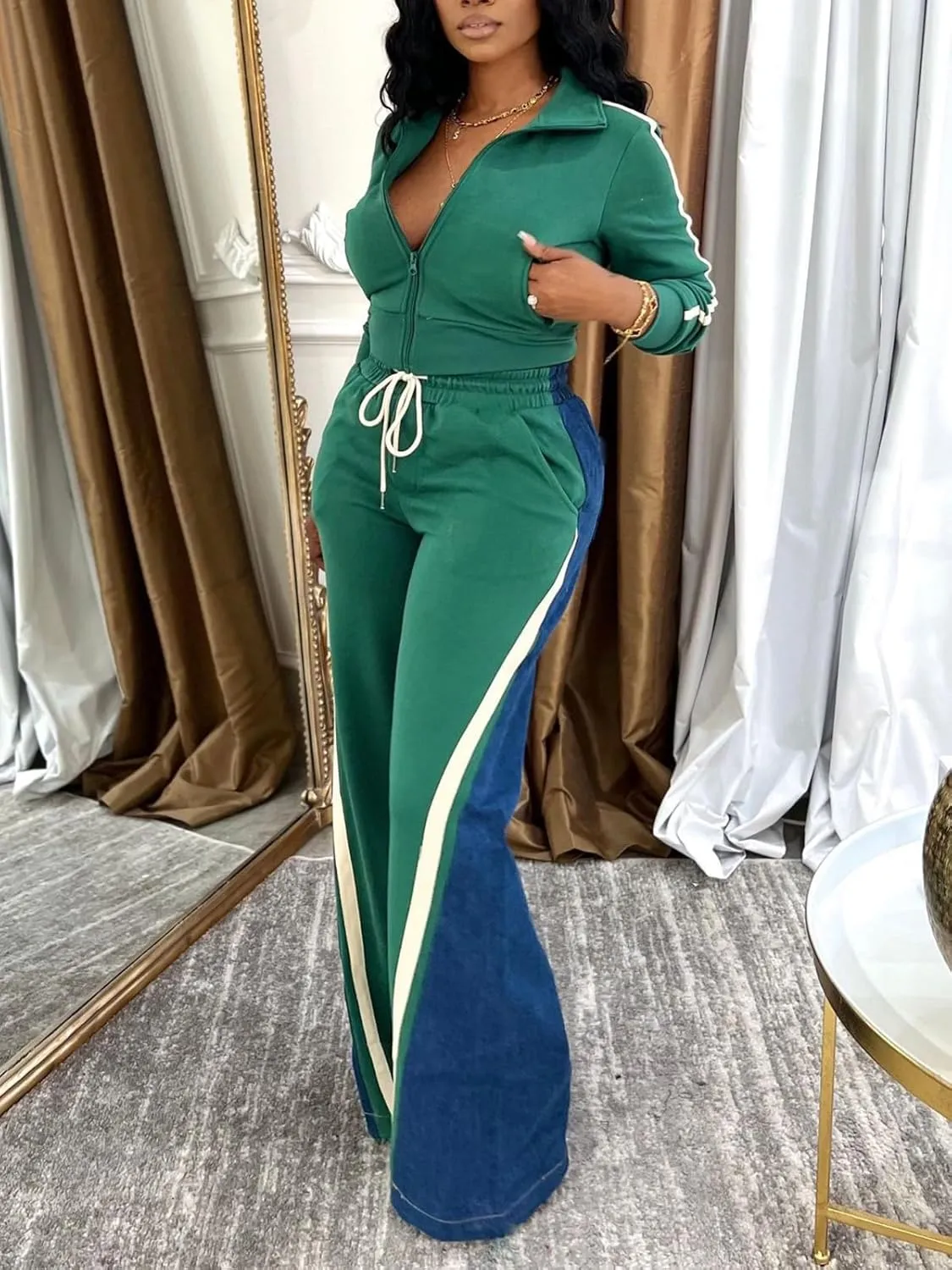 KANSOON 2 Piece Sets for Women Fall Tracksuit Outfits Long Sleeve Striped Zip Up Jacket Denim Patchwork Pants Lounge Set