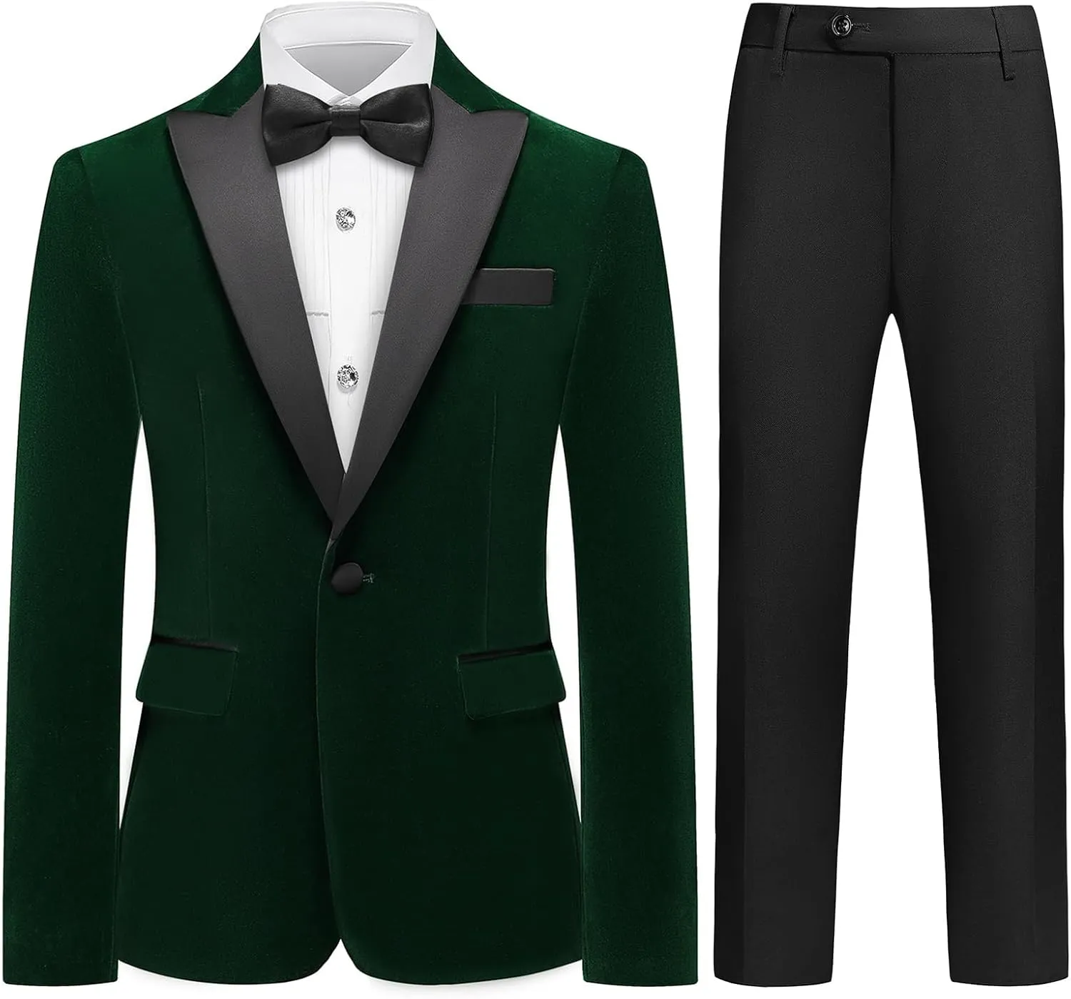 Lamgool Boys Velvet Suit Slim Fit 4 Piece Tuxedo Set with Blazer Jacket Dress Shirt Pant Bow Tie Kids Wedding Formal Outfit