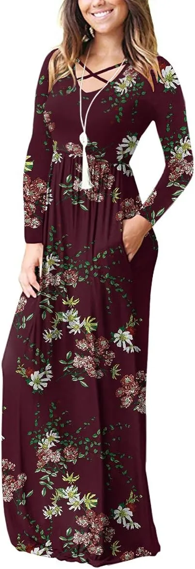 LILBETTER Women's Long Sleeve Loose Plain Maxi Dresses Casual Long Dresses with Pockets