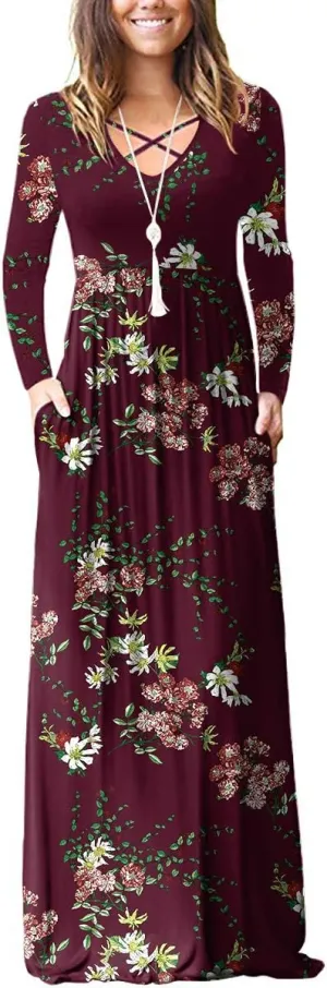 LILBETTER Women's Long Sleeve Loose Plain Maxi Dresses Casual Long Dresses with Pockets