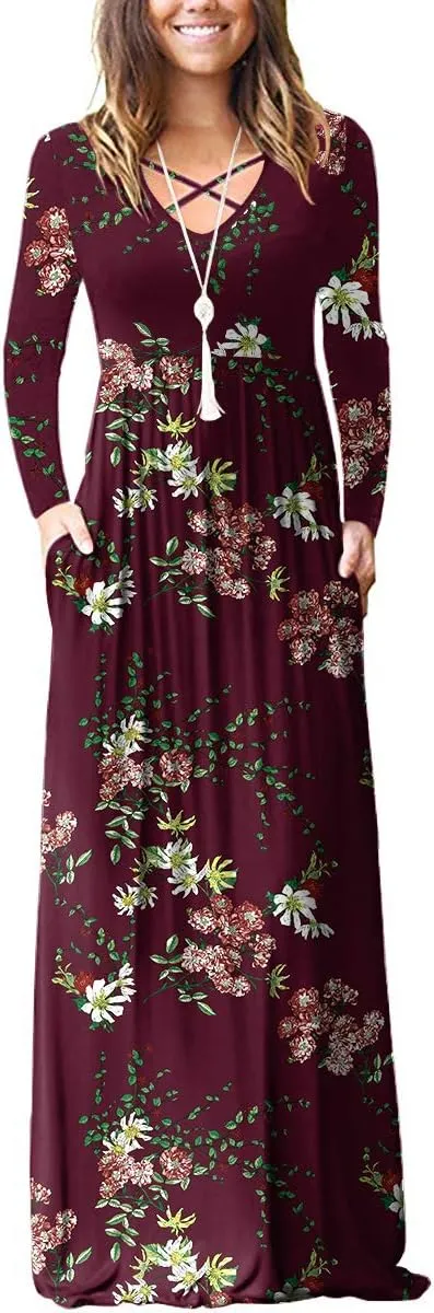LILBETTER Women's Long Sleeve Loose Plain Maxi Dresses Casual Long Dresses with Pockets