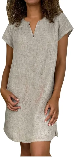 Loose Cotton Linen Dresses for Women 2024 Casual V-Neck Short Sleeve Solid Color Dress Summer Vintage Beach Sundress