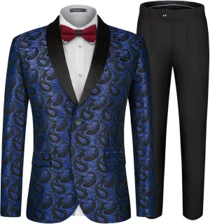 MAGE MALE Men's 2 Piece Slim Fit Floral Tuxedo Suit Paisley Peak Lapel One Button Single Breasted Suit Jacket Pants Set