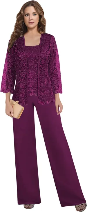 MAGGCIF 3 Pieces Mother of The Bride Pant Suits for Wedding Dressy with Jacket Chiffon Lace Sets Formal Evening Outfit