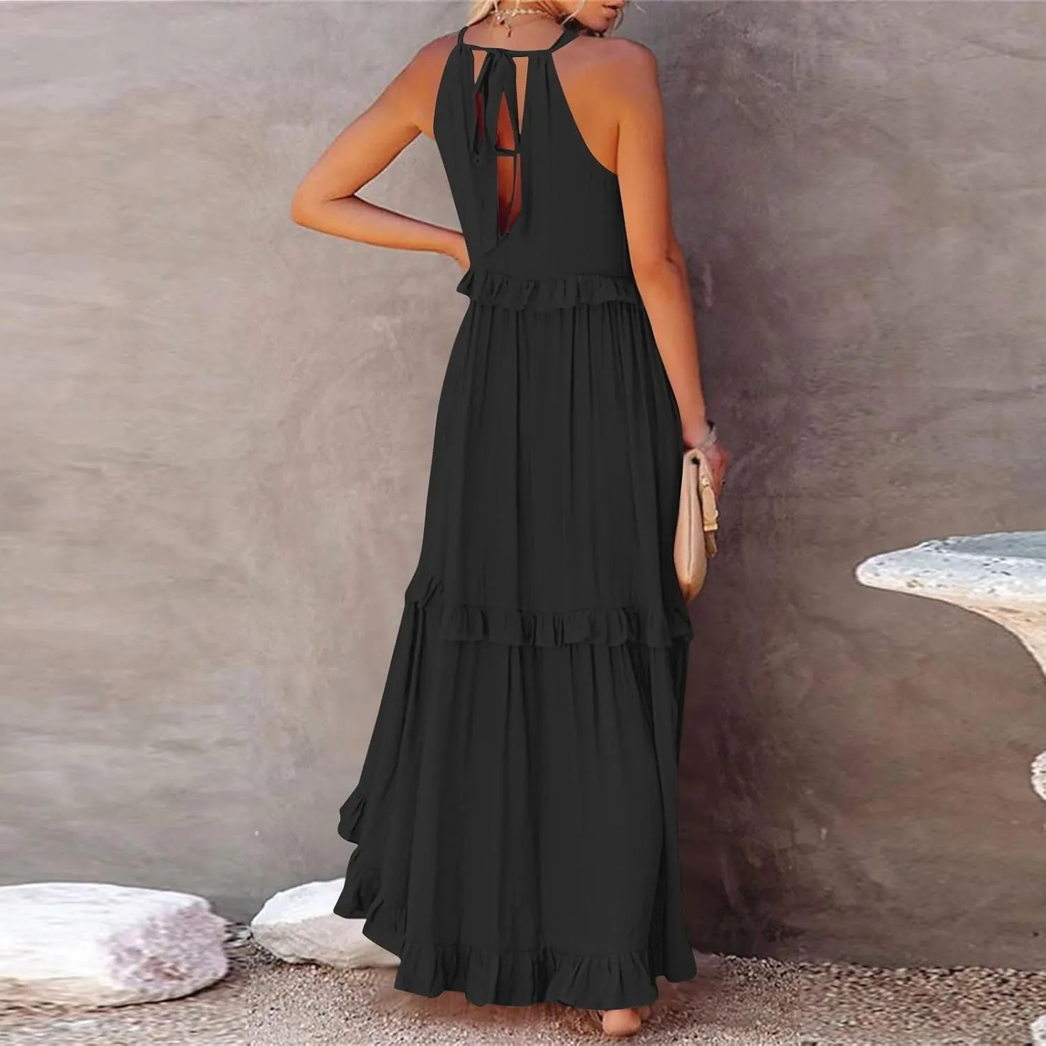 Maxi Dresses for Women 2025 Summer Sleeveless Halter Long Dress Loose Tiered Flowy Swing Smocked Ruffle Beach Dress