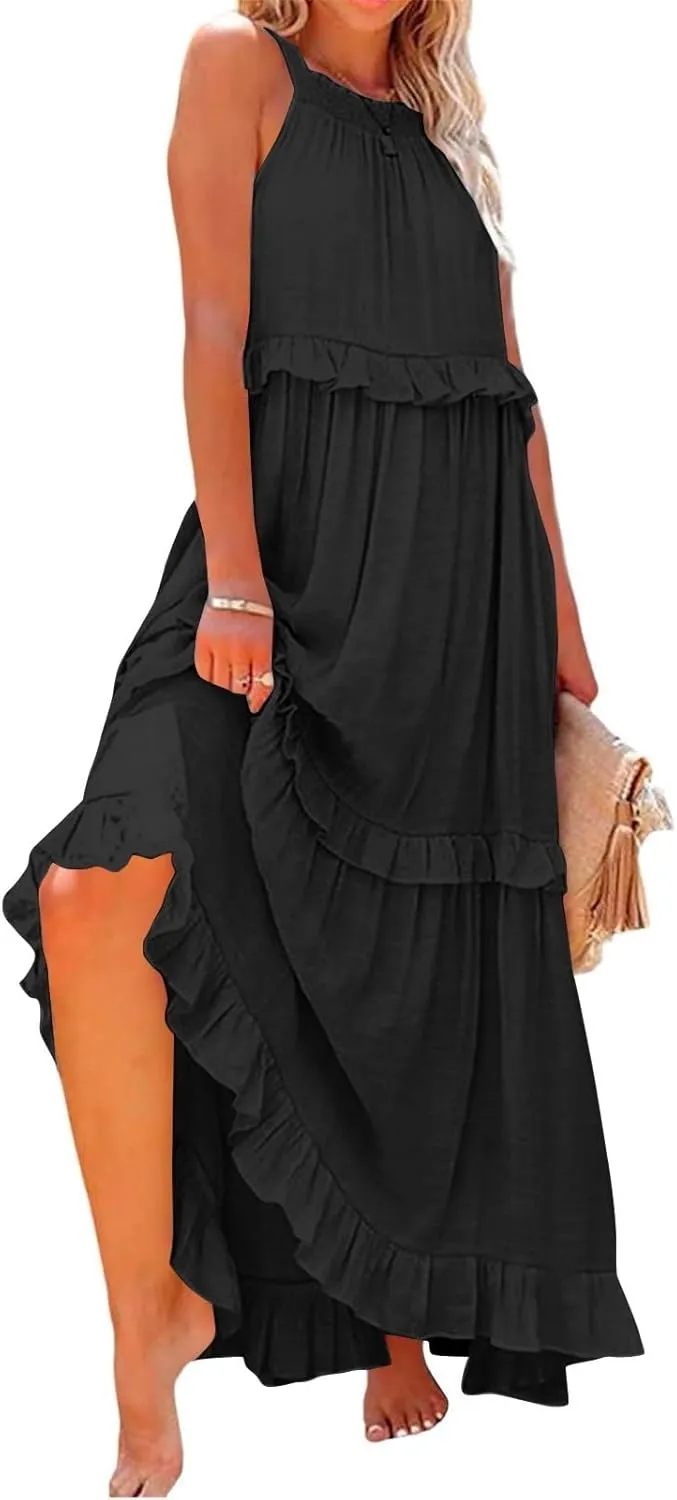 Maxi Dresses for Women 2025 Summer Sleeveless Halter Long Dress Loose Tiered Flowy Swing Smocked Ruffle Beach Dress