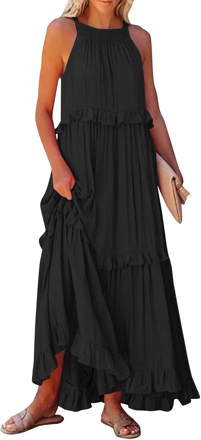 Maxi Dresses for Women 2025 Summer Sleeveless Halter Long Dress Loose Tiered Flowy Swing Smocked Ruffle Beach Dress