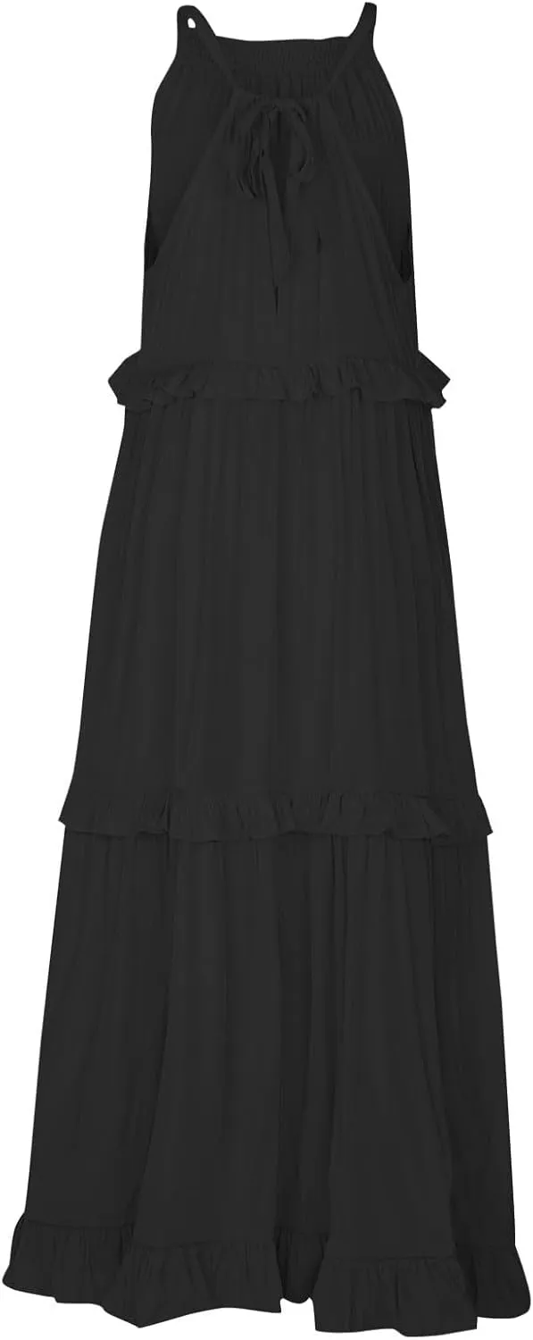 Maxi Dresses for Women 2025 Summer Sleeveless Halter Long Dress Loose Tiered Flowy Swing Smocked Ruffle Beach Dress