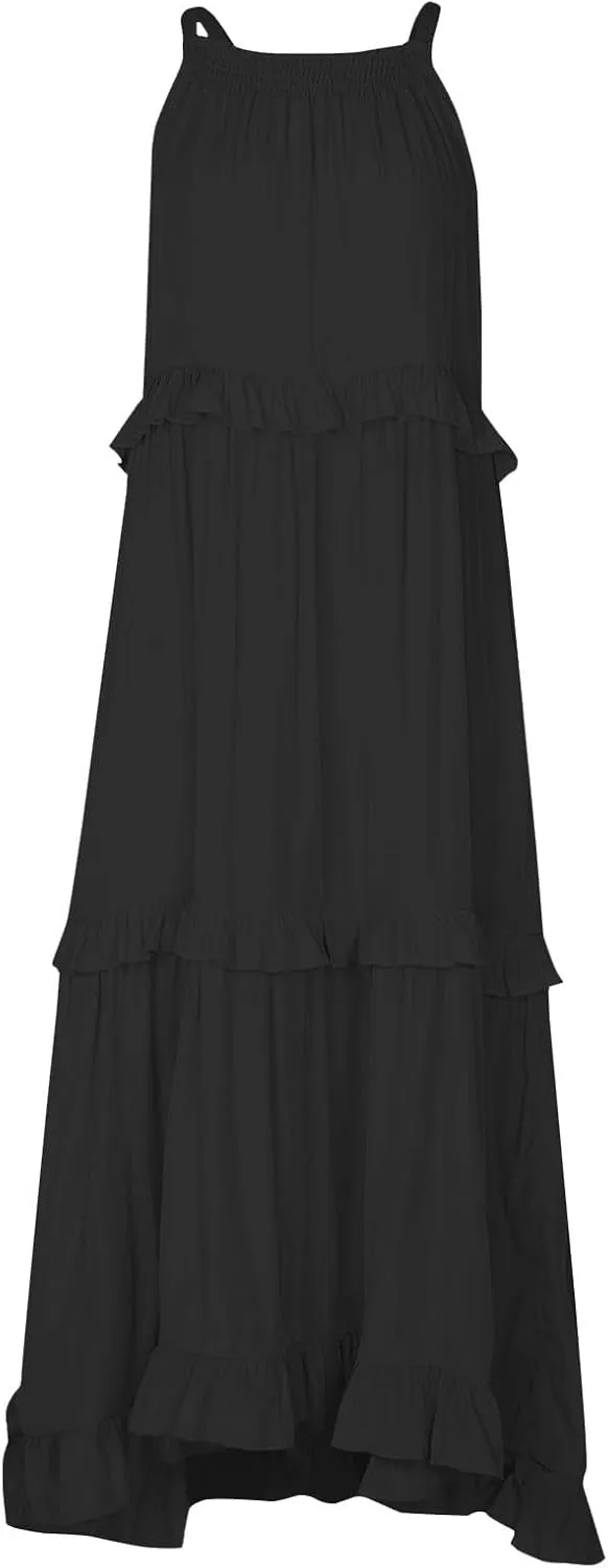 Maxi Dresses for Women 2025 Summer Sleeveless Halter Long Dress Loose Tiered Flowy Swing Smocked Ruffle Beach Dress
