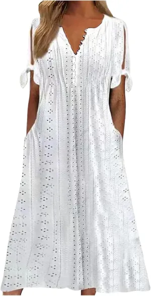 Maxi Long Dresses for Women 2025 Summer Casual V Neck Short Sleeve Eyelet Tshirt Dress Boho A Line Beach Vacation Sundress