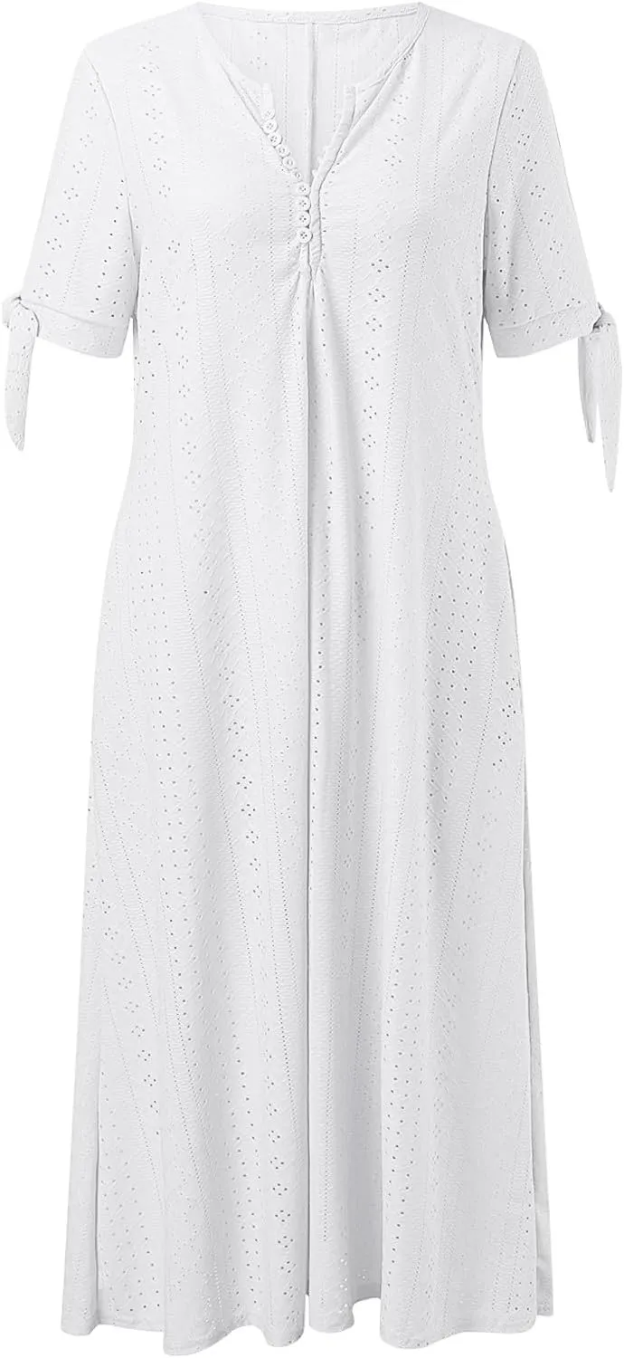 Maxi Long Dresses for Women 2025 Summer Casual V Neck Short Sleeve Eyelet Tshirt Dress Boho A Line Beach Vacation Sundress