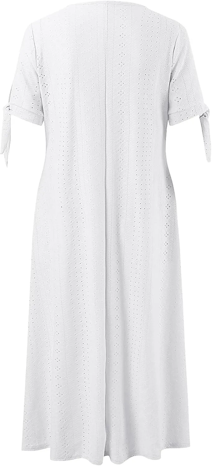 Maxi Long Dresses for Women 2025 Summer Casual V Neck Short Sleeve Eyelet Tshirt Dress Boho A Line Beach Vacation Sundress