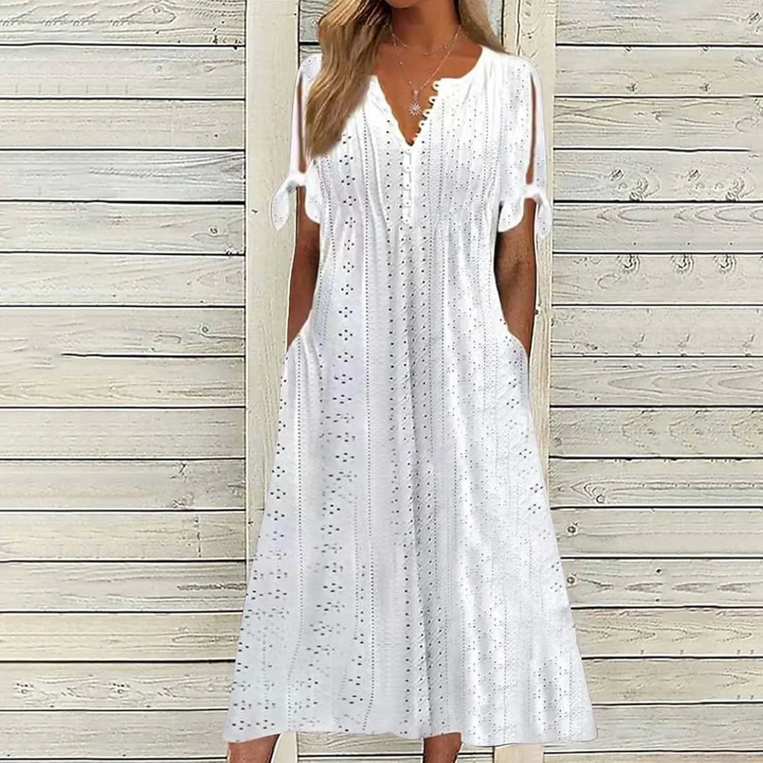 Maxi Long Dresses for Women 2025 Summer Casual V Neck Short Sleeve Eyelet Tshirt Dress Boho A Line Beach Vacation Sundress
