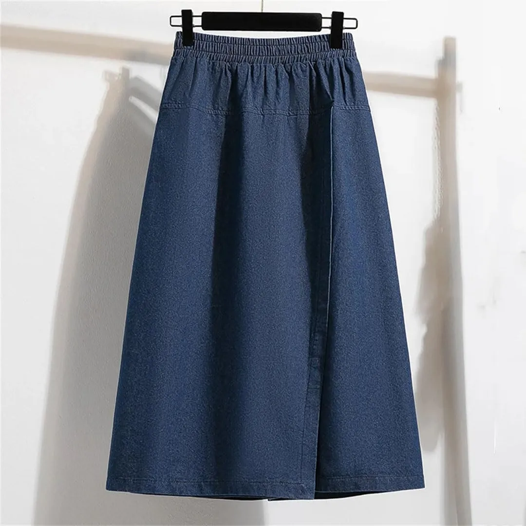 Medium Length Denim Skirt Women Spring High Waisted A-Line Jean Skirt Fake Two Pieces Wide Leg Loose Skirt Pants