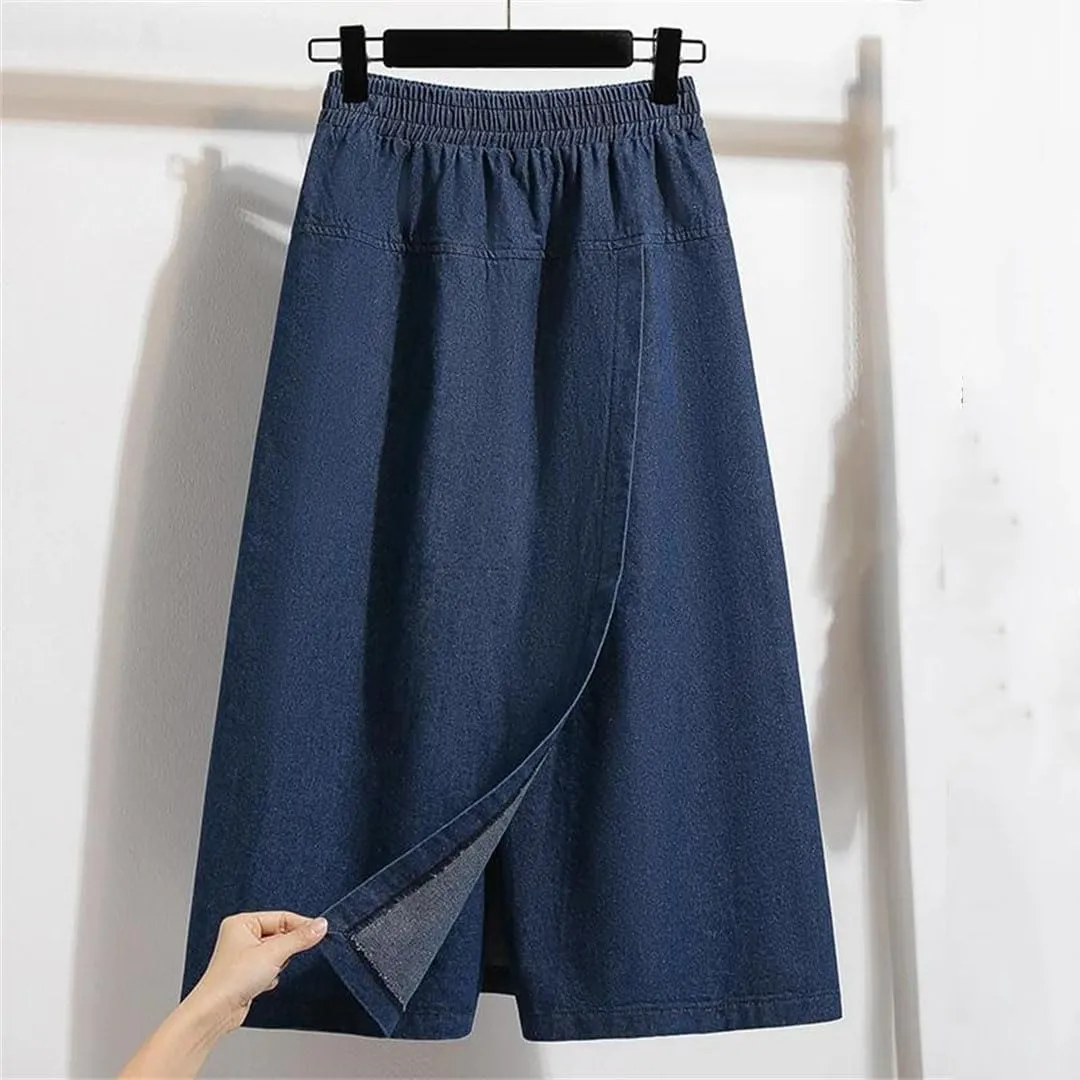 Medium Length Denim Skirt Women Spring High Waisted A-Line Jean Skirt Fake Two Pieces Wide Leg Loose Skirt Pants