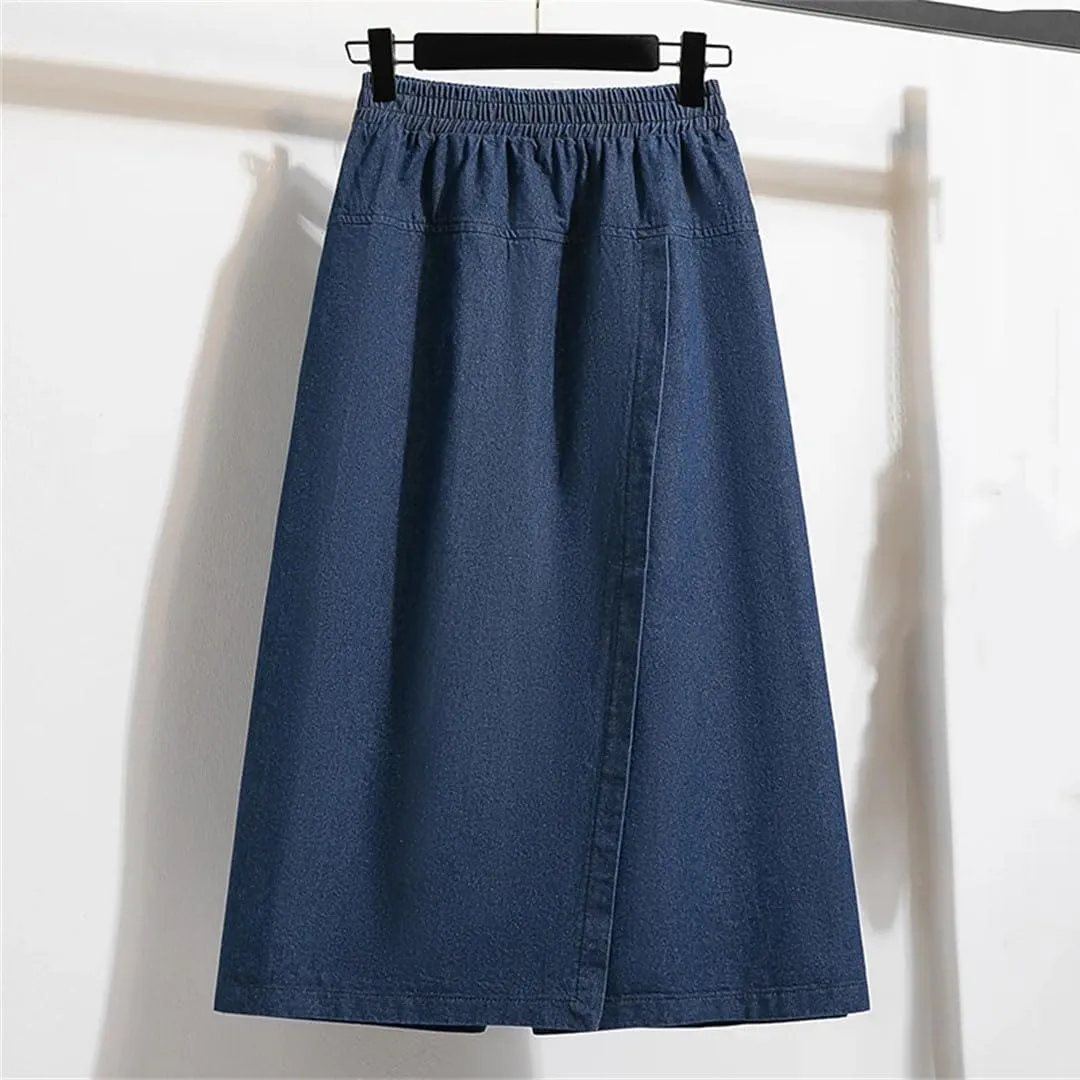 Medium Length Denim Skirt Women Spring High Waisted A-Line Jean Skirt Fake Two Pieces Wide Leg Loose Skirt Pants