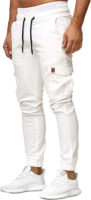 Men Slim Fit Casual Jogger Athletic Long Pant Hip Hop Chino Pocket Trousers Drawstring Outdoor Work Military Tactical Pants (White,Small)