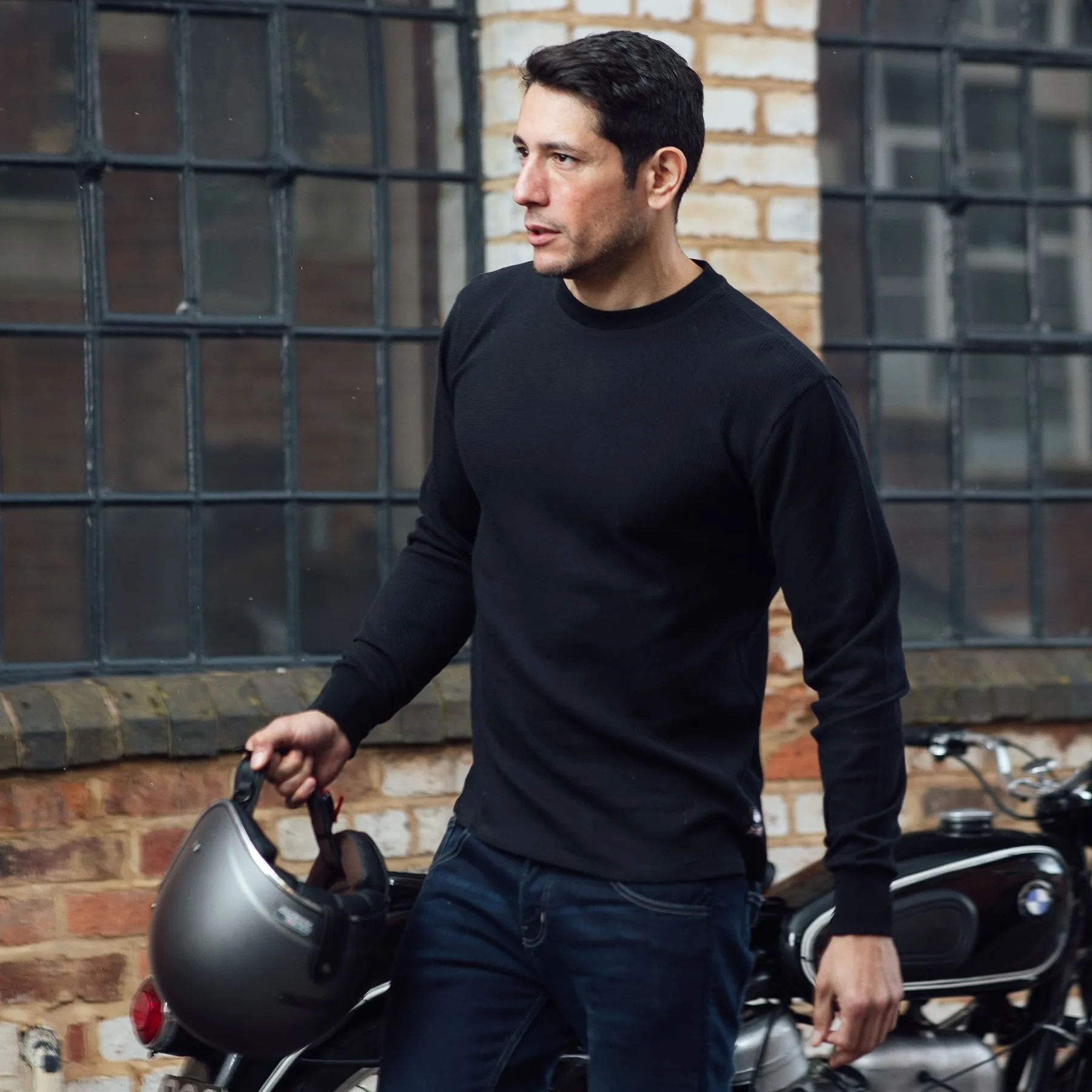 Merlin Kingsley Long Sleeve Waffle Knit Organic Cotton Shirt Black