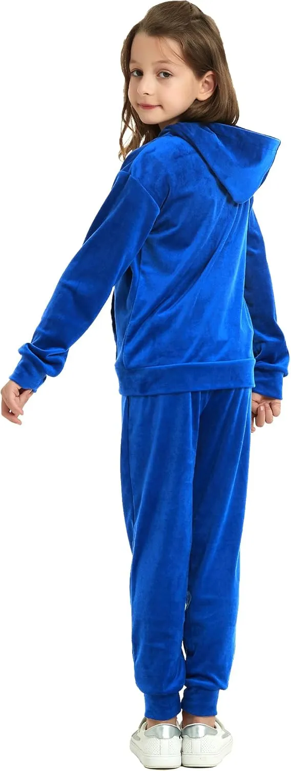 MessBebe Girls Sweatsuits Jogging Set Velour Tracksuit 2 Piece Outfits Zip Up Hoodies and Pants Sportswear Set 4-12 Years
