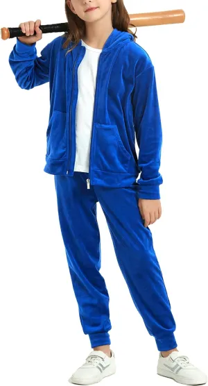 MessBebe Girls Sweatsuits Jogging Set Velour Tracksuit 2 Piece Outfits Zip Up Hoodies and Pants Sportswear Set 4-12 Years