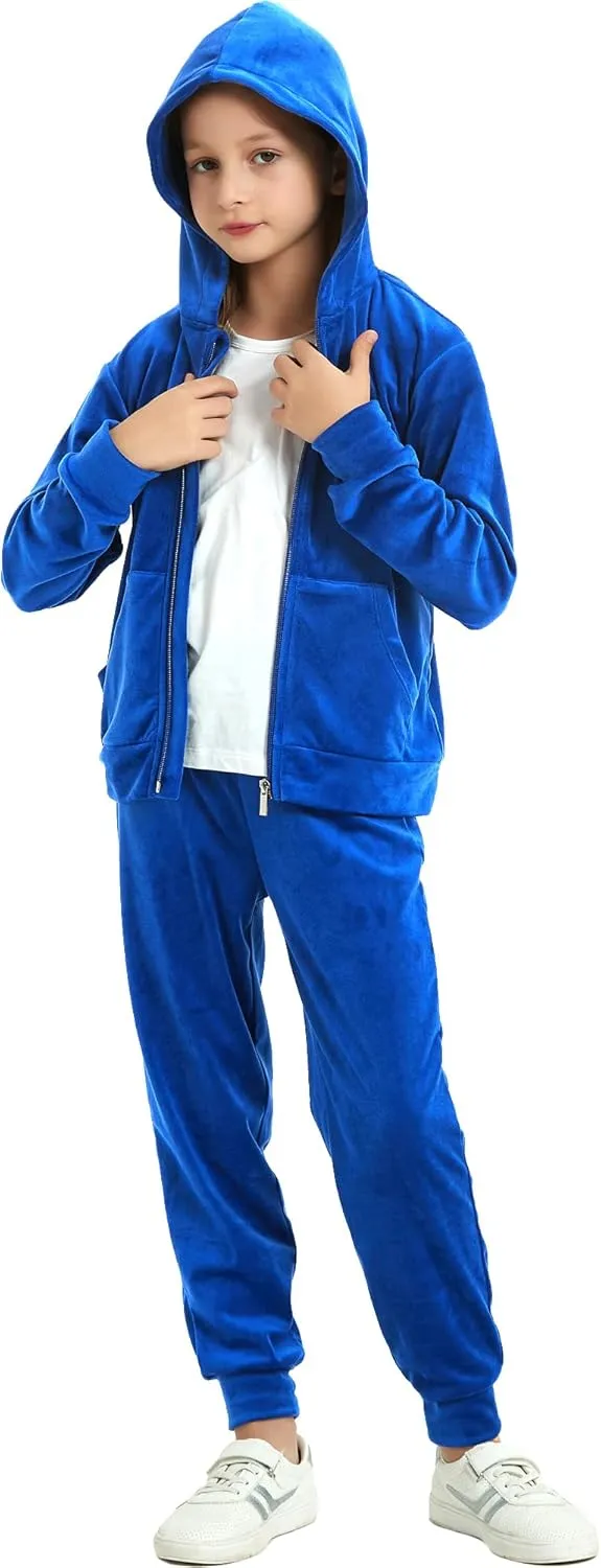 MessBebe Girls Sweatsuits Jogging Set Velour Tracksuit 2 Piece Outfits Zip Up Hoodies and Pants Sportswear Set 4-12 Years