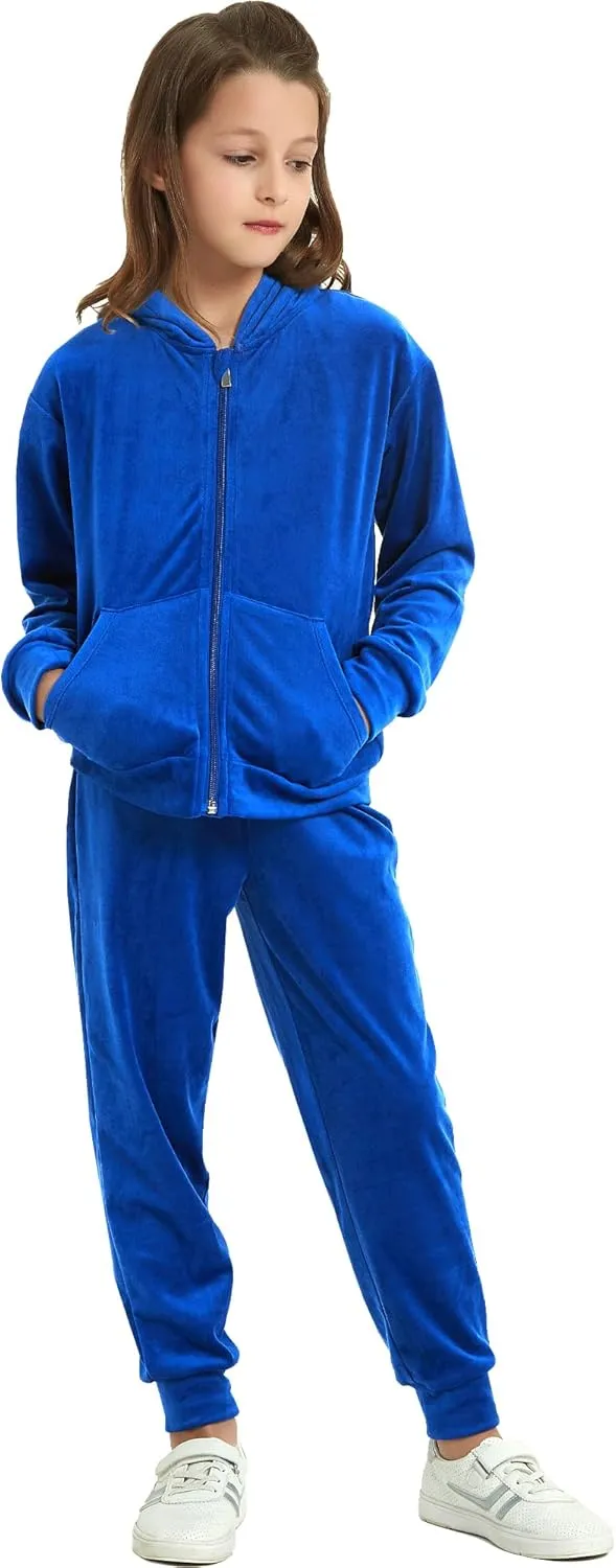 MessBebe Girls Sweatsuits Jogging Set Velour Tracksuit 2 Piece Outfits Zip Up Hoodies and Pants Sportswear Set 4-12 Years