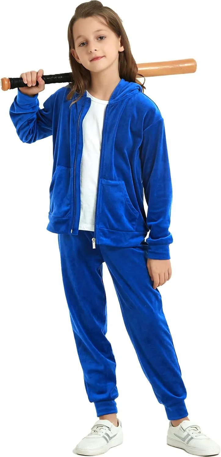 MessBebe Girls Sweatsuits Jogging Set Velour Tracksuit 2 Piece Outfits Zip Up Hoodies and Pants Sportswear Set 4-12 Years