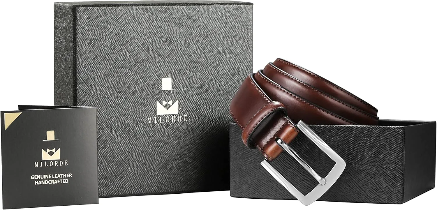 MILORDE Men's Genuine Leather Dress Belt, Handmade, 100% Cow Leather, Fashion & Classic Designs for Work Business and Casual