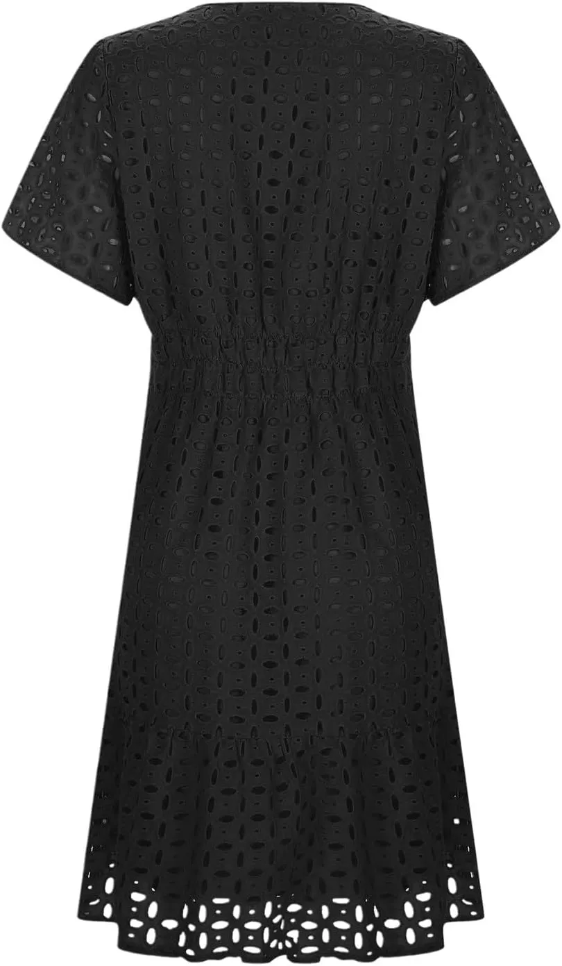 Mini Dress for Women 2025 Summer Short Dresses V Neck Short Sleeve a Line Hollow Out Lace Ruffle Cute Party Dresses