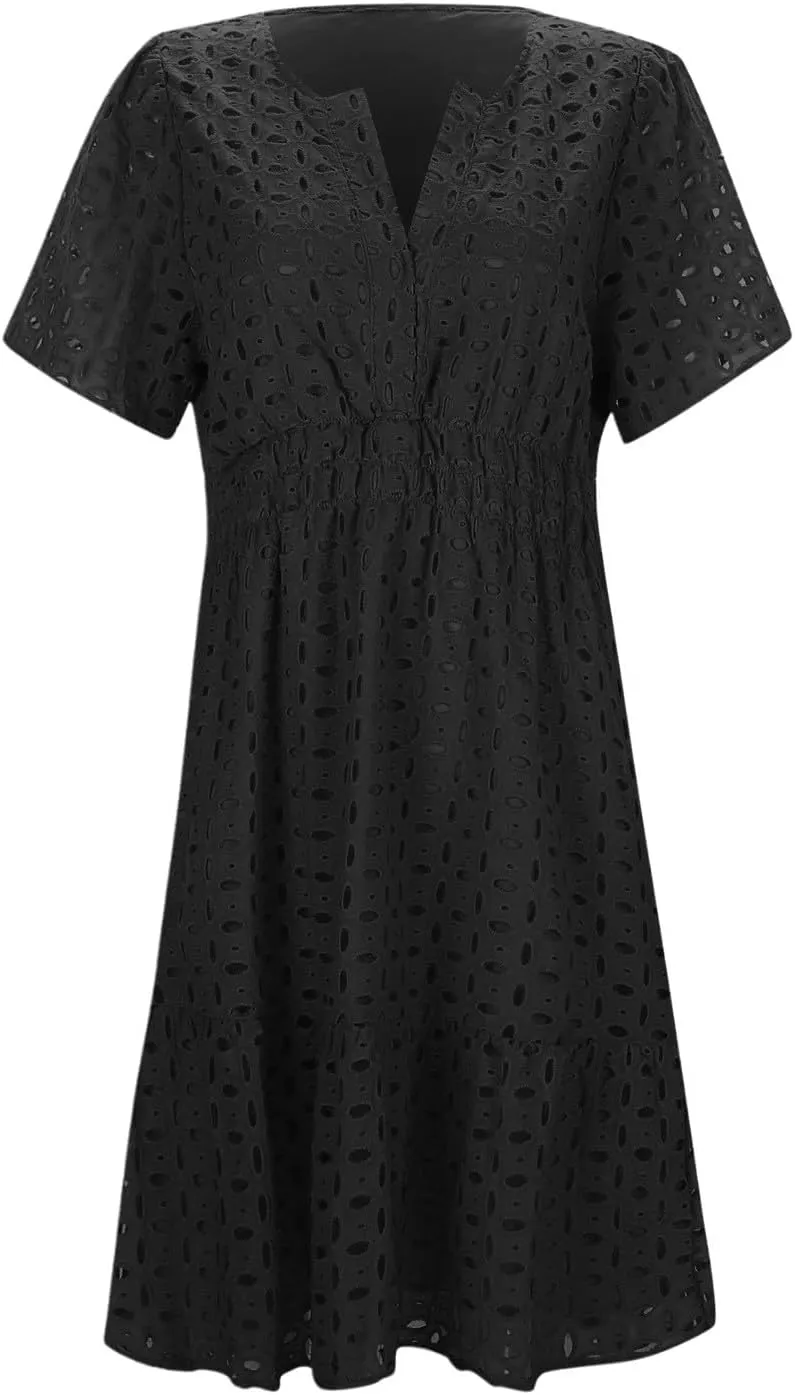 Mini Dress for Women 2025 Summer Short Dresses V Neck Short Sleeve a Line Hollow Out Lace Ruffle Cute Party Dresses
