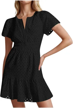 Mini Dress for Women 2025 Summer Short Dresses V Neck Short Sleeve a Line Hollow Out Lace Ruffle Cute Party Dresses