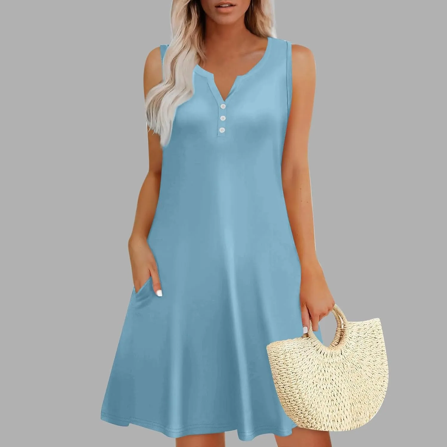 Mini Dresses for Women 2025 Summer Sleeveless V Neck A Line Dress Casual Beach Vacation Sundresses with Pockets
