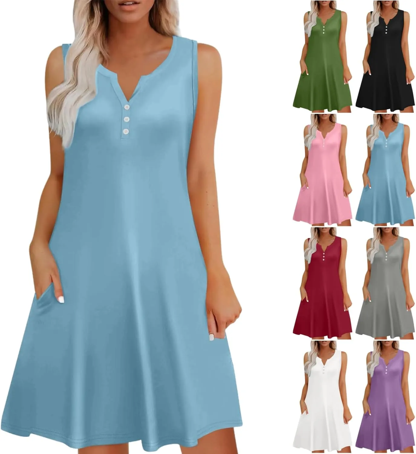 Mini Dresses for Women 2025 Summer Sleeveless V Neck A Line Dress Casual Beach Vacation Sundresses with Pockets
