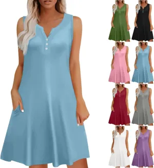 Mini Dresses for Women 2025 Summer Sleeveless V Neck A Line Dress Casual Beach Vacation Sundresses with Pockets