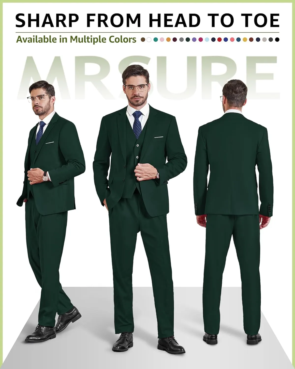 MrSure Men's 3 Pieces Suit, Solid Slim Fit Two Buttons Blazer Set, Jacket Vest Pants with Tie for Wedding Party Business