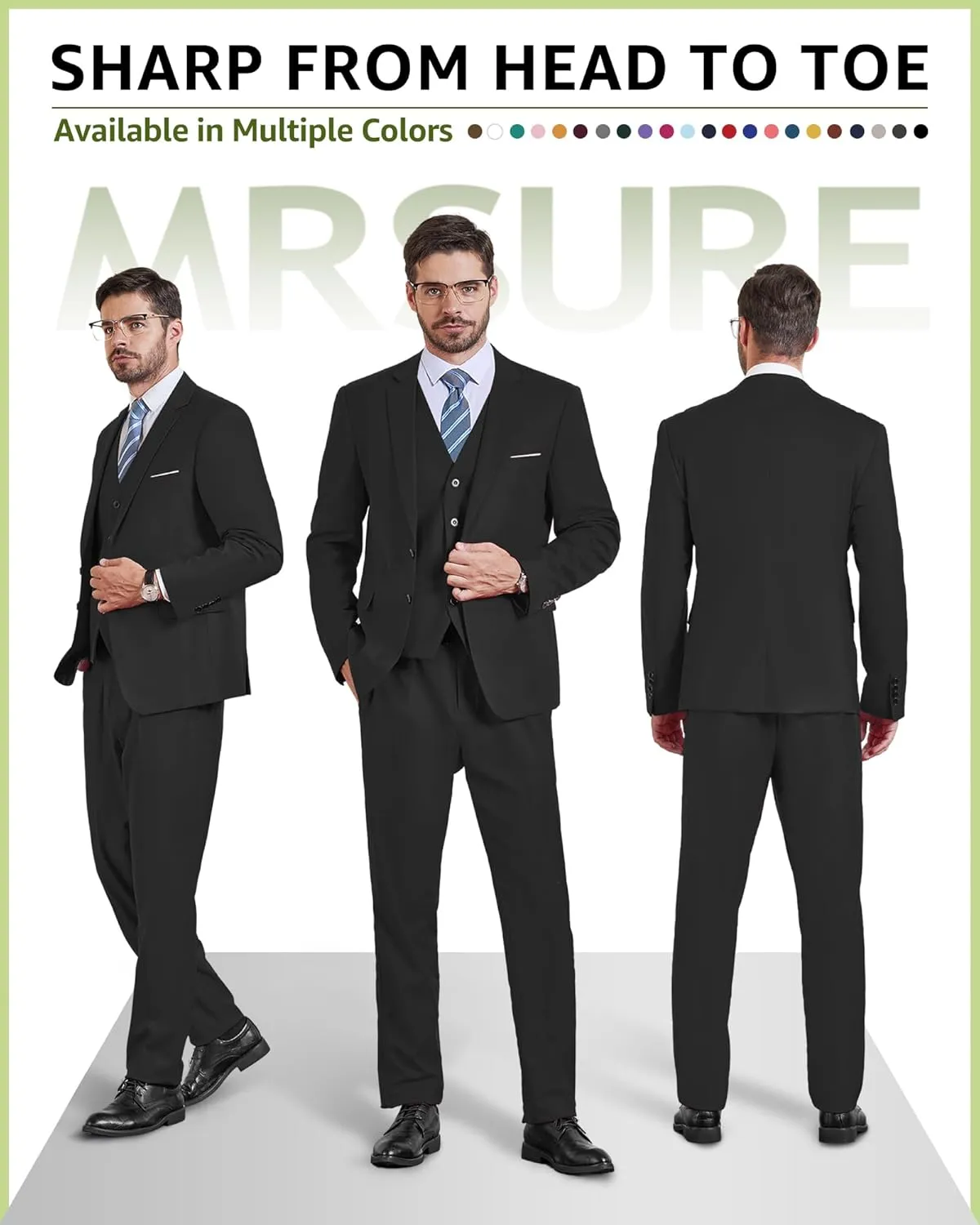 MrSure Men's 3 Pieces Suit, Solid Slim Fit Two Buttons Blazer Set, Jacket Vest Pants with Tie for Wedding Party Business