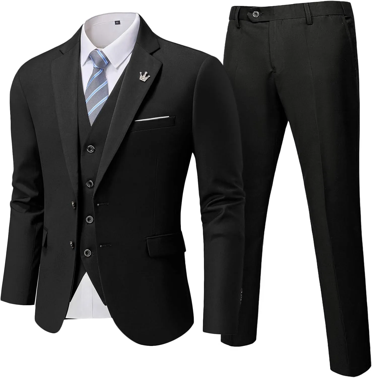 MrSure Men's 3 Pieces Suit, Solid Slim Fit Two Buttons Blazer Set, Jacket Vest Pants with Tie for Wedding Party Business
