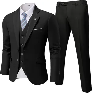 MrSure Men's 3 Pieces Suit, Solid Slim Fit Two Buttons Blazer Set, Jacket Vest Pants with Tie for Wedding Party Business