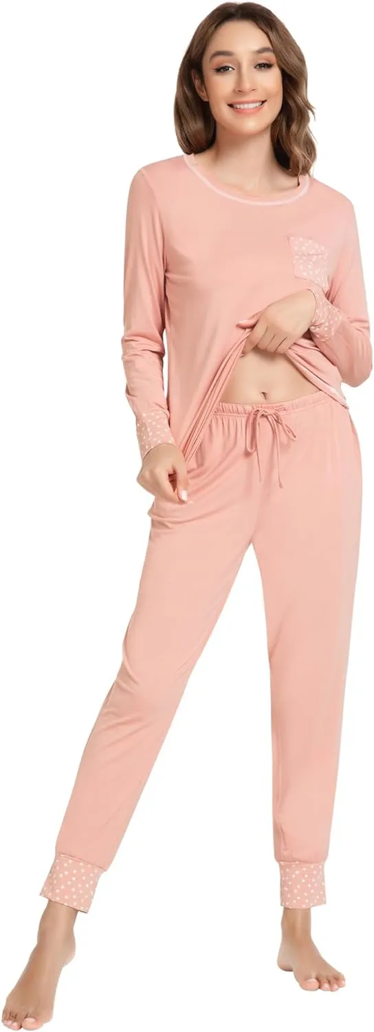 NACHILA Pajamas for Women-Viscose Made from Bamboo,Long Sleeve Pajama Sets Crew Neck Pj with Joggers Comfy Loungewear