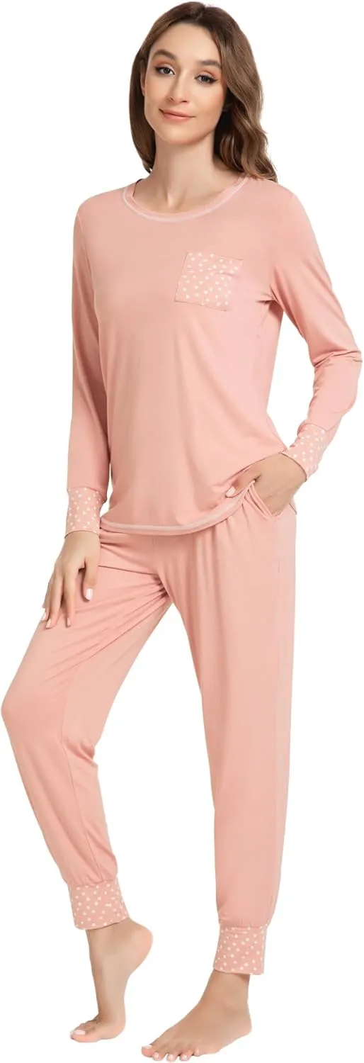 NACHILA Pajamas for Women-Viscose Made from Bamboo,Long Sleeve Pajama Sets Crew Neck Pj with Joggers Comfy Loungewear