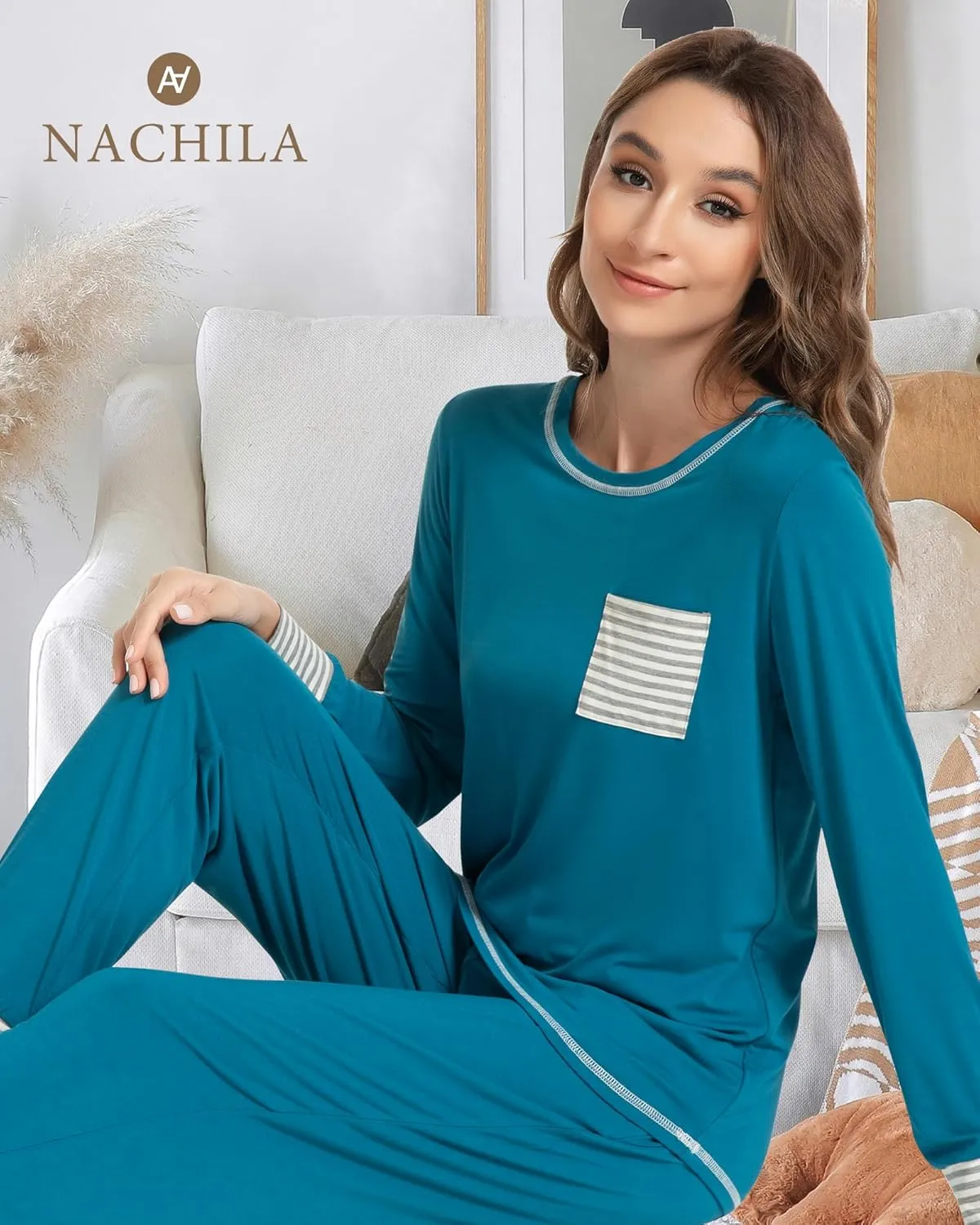 NACHILA Pajamas for Women-Viscose Made from Bamboo,Long Sleeve Pajama Sets Crew Neck Pj with Joggers Comfy Loungewear