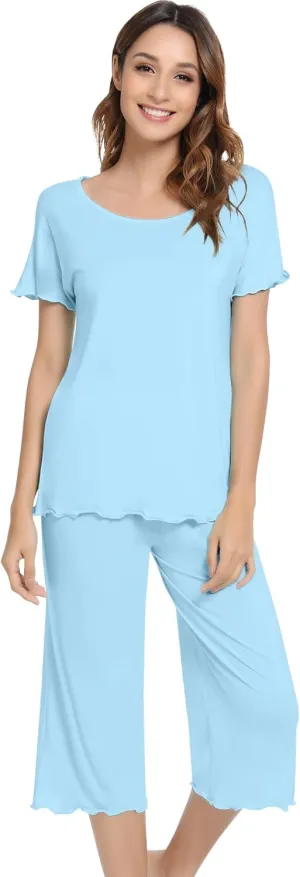 NACHILA Pajamas for Women-Viscose Made from Bamboo,Soft Capri Pants Pajama Sets Plus Size Pjs Cooling Short Sleeve Sleepwear