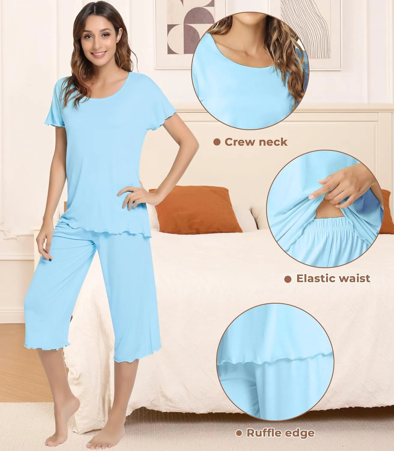 NACHILA Pajamas for Women-Viscose Made from Bamboo,Soft Capri Pants Pajama Sets Plus Size Pjs Cooling Short Sleeve Sleepwear