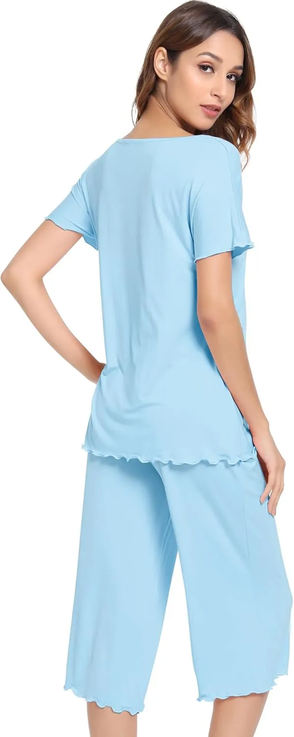 NACHILA Pajamas for Women-Viscose Made from Bamboo,Soft Capri Pants Pajama Sets Plus Size Pjs Cooling Short Sleeve Sleepwear