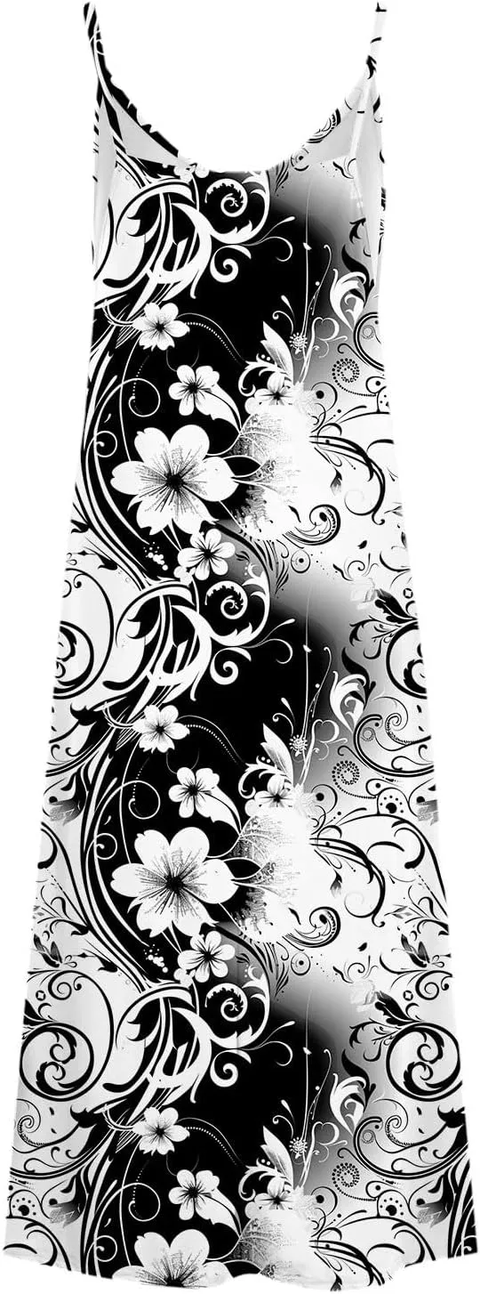 NaRHbrg Women's Floral Print Maxi Dress Sleeveless V Neck Boho Beach Sundress Flowy Casual Summer Long Dresses Sundress