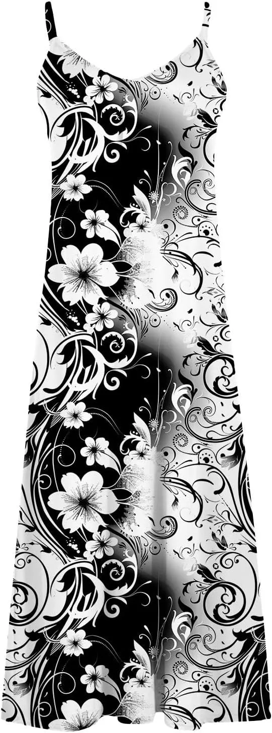 NaRHbrg Women's Floral Print Maxi Dress Sleeveless V Neck Boho Beach Sundress Flowy Casual Summer Long Dresses Sundress